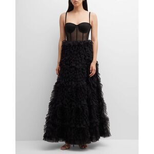 Marchesa polka dot ruffle tulle bustier gown black US4